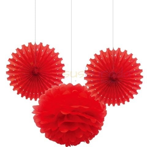 Kırmızı Ponpon Yelpaze Set 3 lü