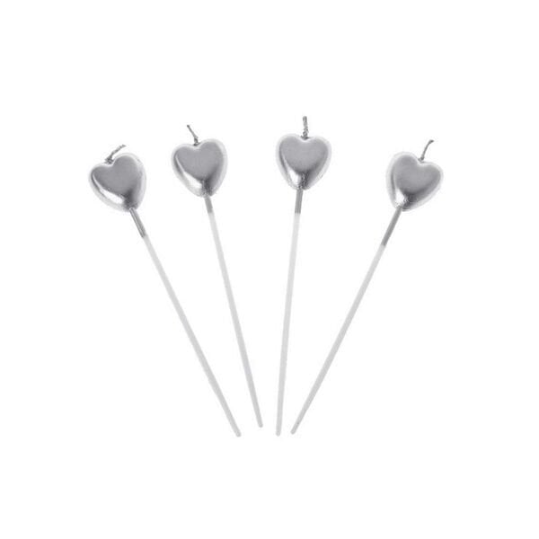 Çubuklu Gümüş Kalp Mum 4 lü