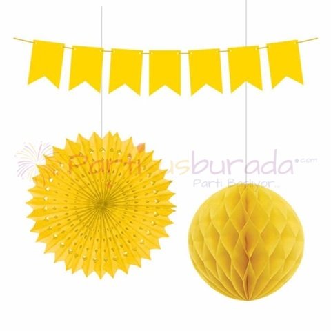 Sarı Flamalı Petek Yelpaze Süs Seti 3 lü