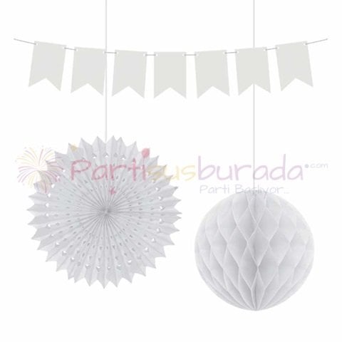 Beyaz Flamalı Petek Yelpaze Süs Seti 3 lü