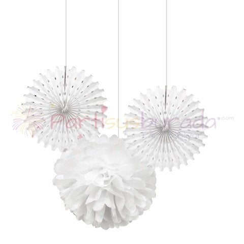 Beyaz Ponpon Yelpaze Set 3 lü