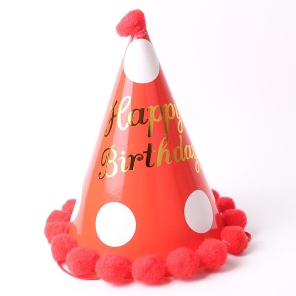 Kırmızı Ponponlu Mini Happy Birthday Şapka