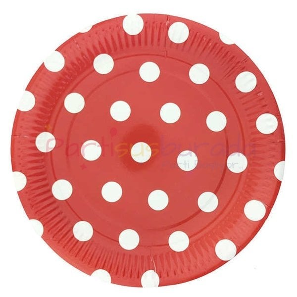 Beyaz Puanlı Kırmızı Tabak 8 Adet