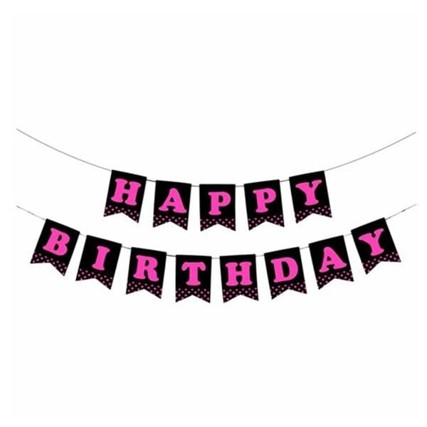 Pembe Puanlı Siyah Happy Birthday Yazı