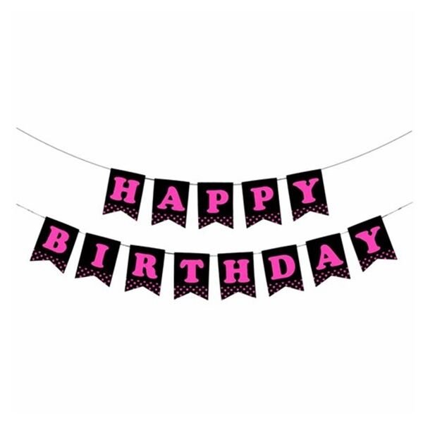 Pembe Puanlı Siyah Happy Birthday Yazı
