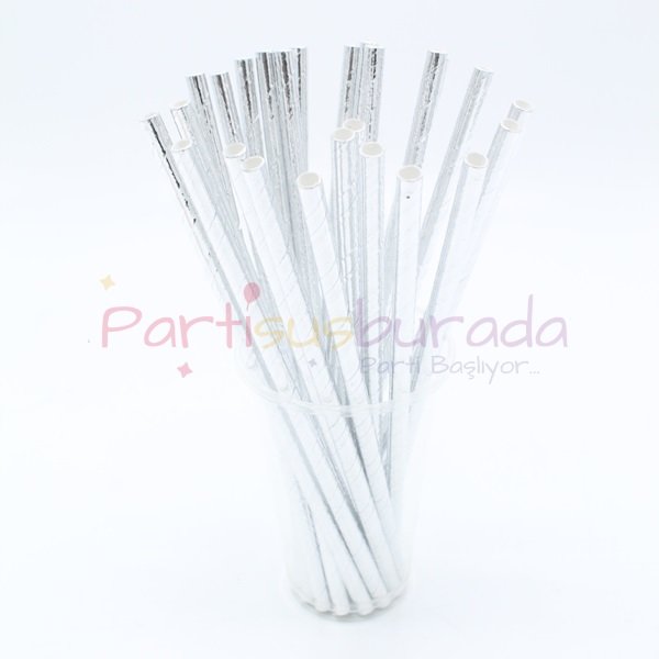 Gümüş Yaldızlı Kağıt Pipet 24 Adet