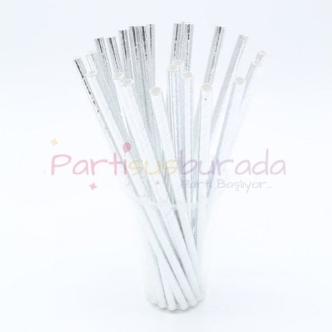 Gümüş Yaldızlı Kağıt Pipet 24 Adet