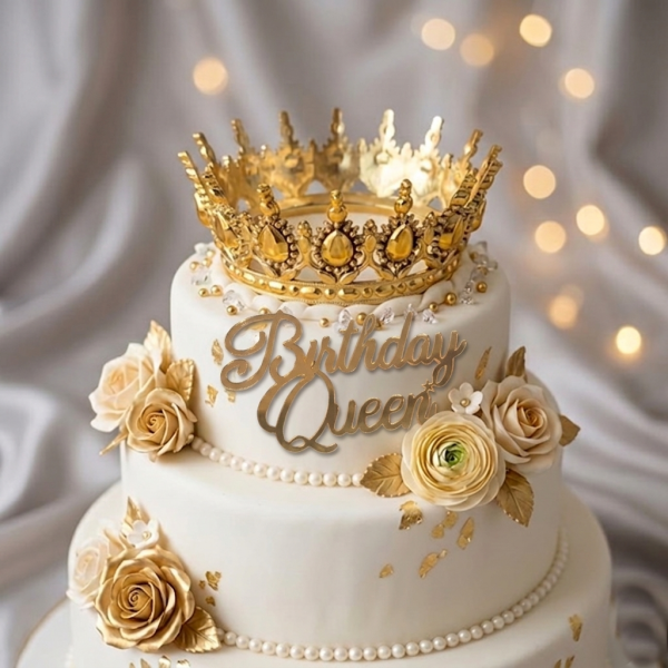 Plastik Gold Kraliçe Pasta Tacı ve Birthday Queen Yazı seti
