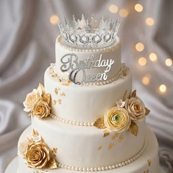 Plastik Gümüş Kraliçe Pasta Tacı ve Birthday Queen Yazı seti