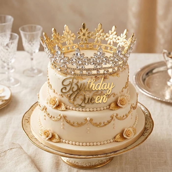 Metal Gold Taşlı Kraliçe Pasta Tacı ve Yazı Set