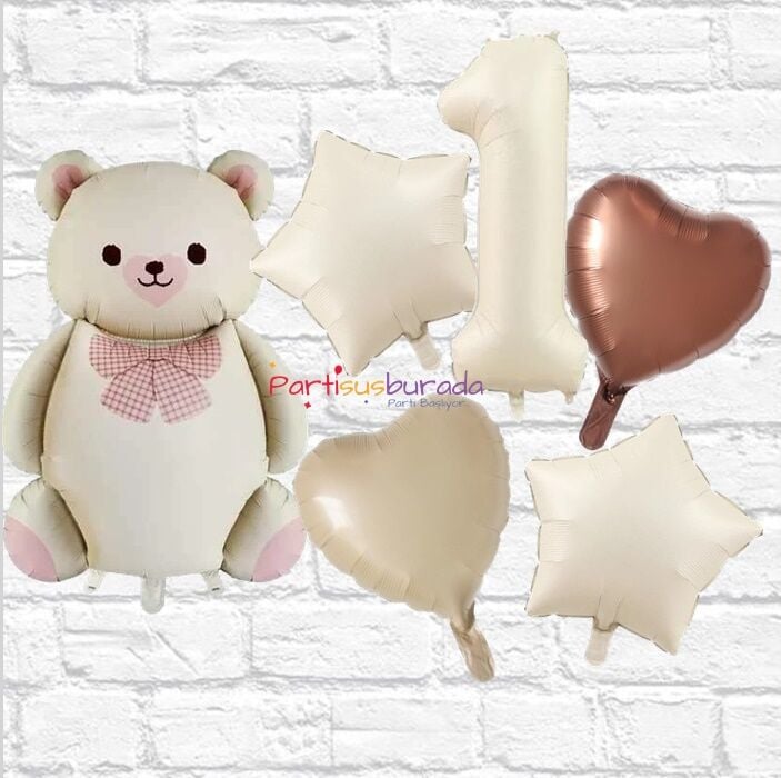 Folyo Papyonlu Ayı ve Rakam 1 Balon Seti