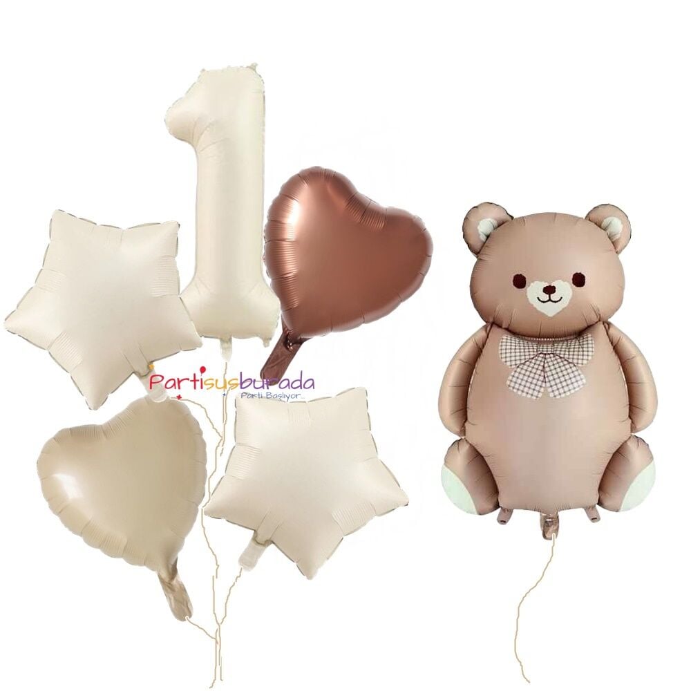 Folyo Karamel Ayı ve Rakam 1 Balon Seti