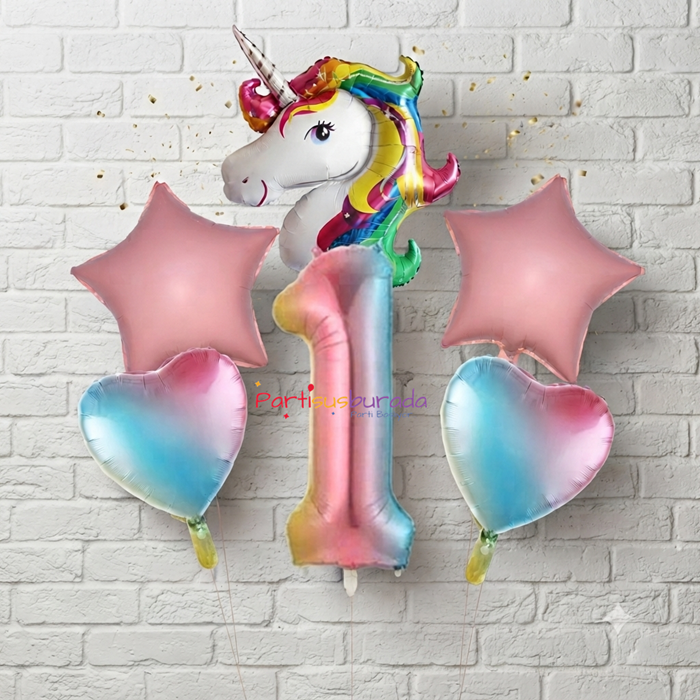 Folyo Rakam 1 Yaş Unicorn Balon Seti